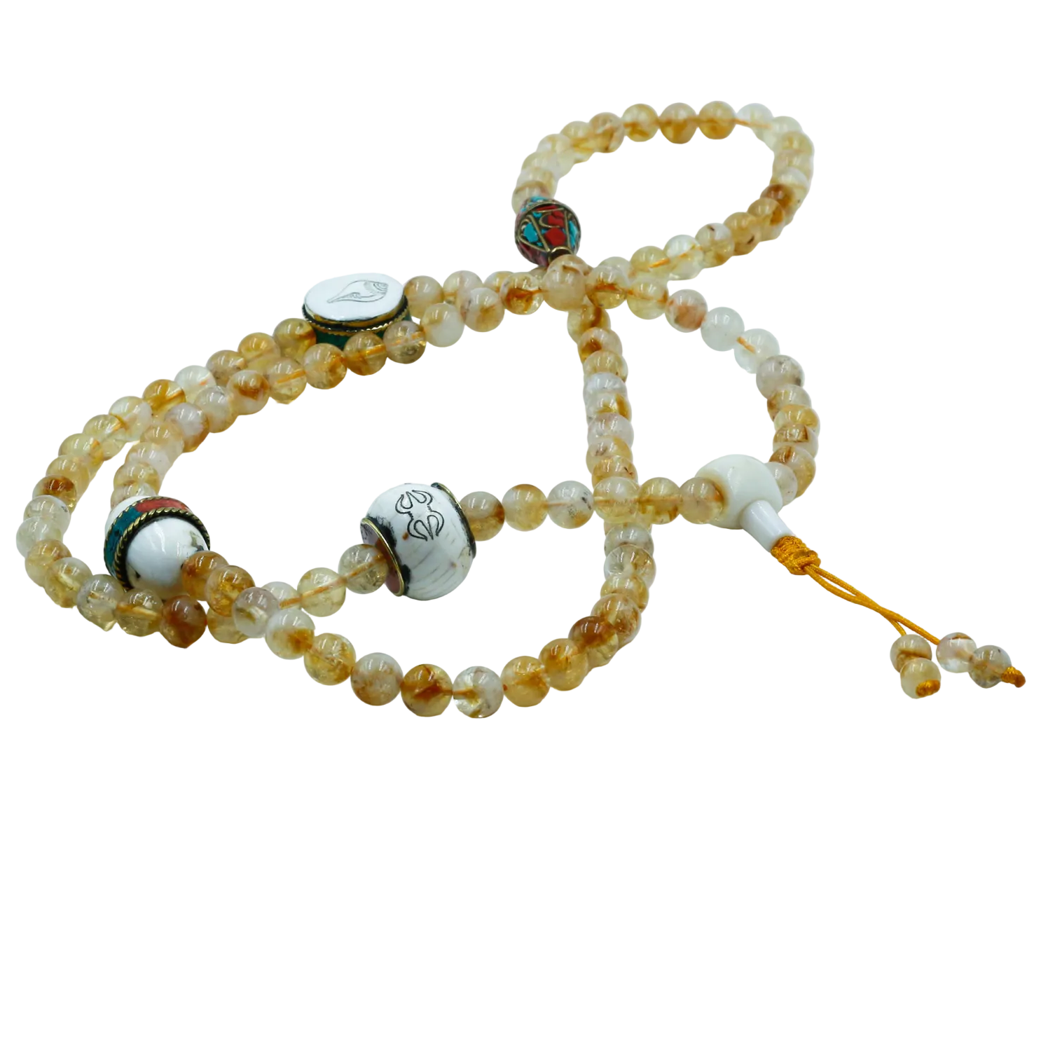 Citrine mala with decorative elements on a white background