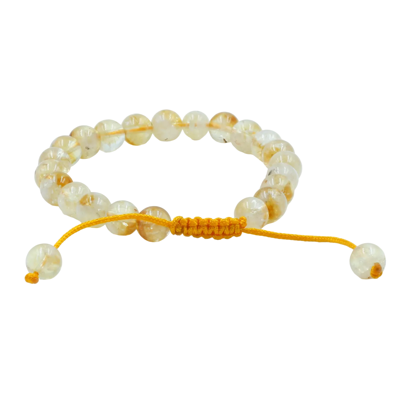 Beaded mala bracelet with yellow cord on a white background