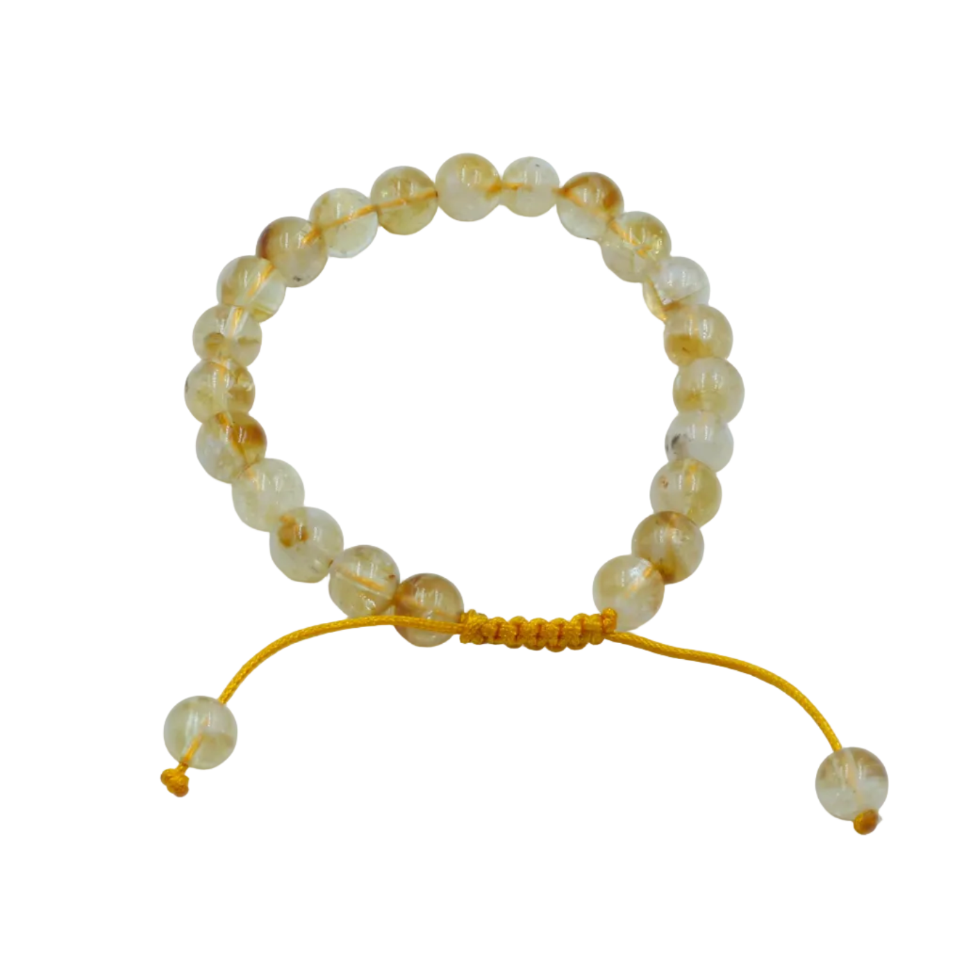 Beaded mala bracelet with yellow cord on a light gray background