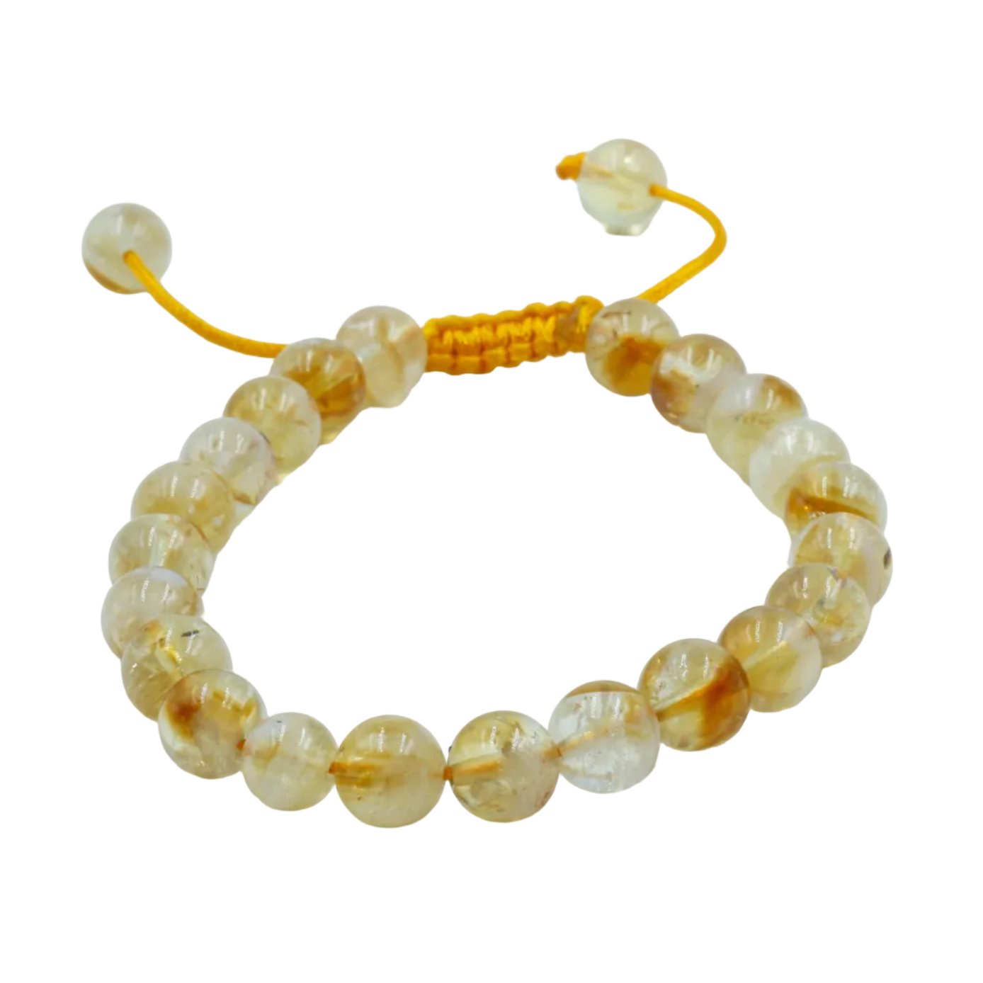 Beaded mala bracelet with yellow cord on a white background