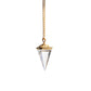 Crystal pendant on a gold necklace up against a white background.