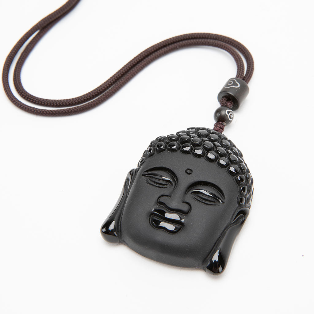 Natural Black Obsidian Carved Buddha Pendant Necklace
