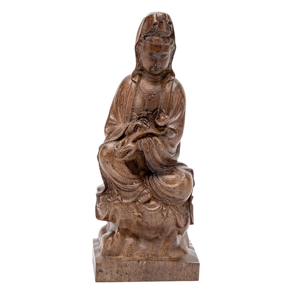 Wooden Kuan Yin with Scepter Statue - 9"