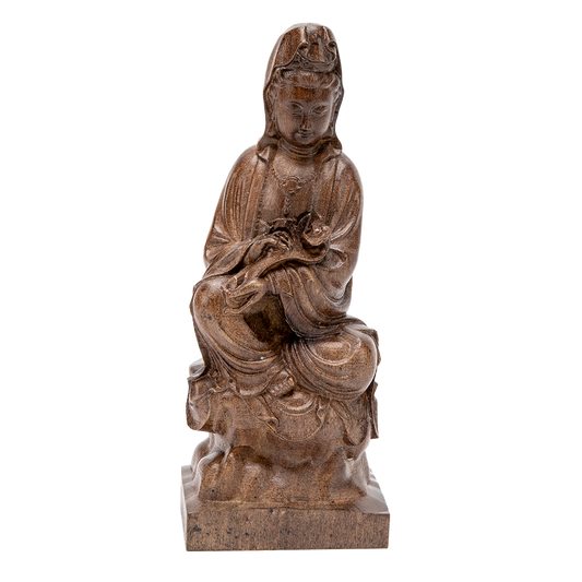 Wooden Kuan Yin with Scepter Statue - 9"