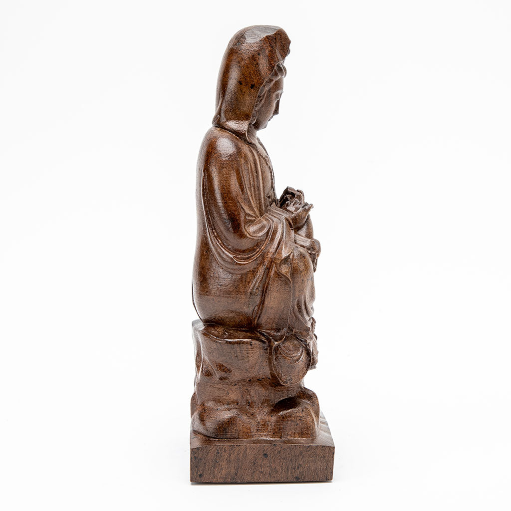 Wooden Kuan Yin with Scepter Statue - 9"