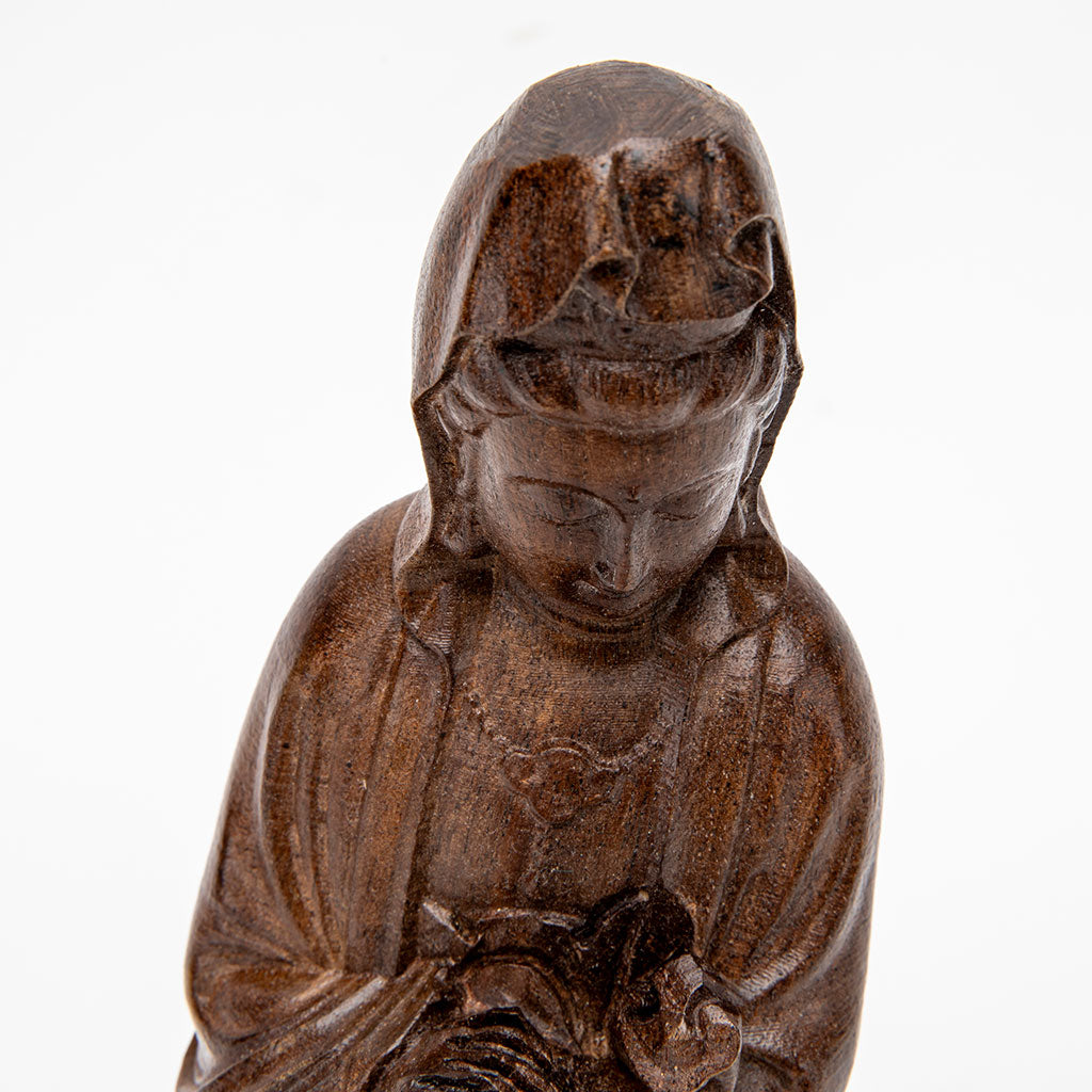 Wooden Kuan Yin with Scepter Statue - 9"