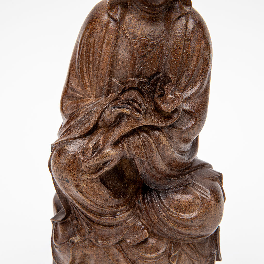 Wooden Kuan Yin with Scepter Statue - 9"