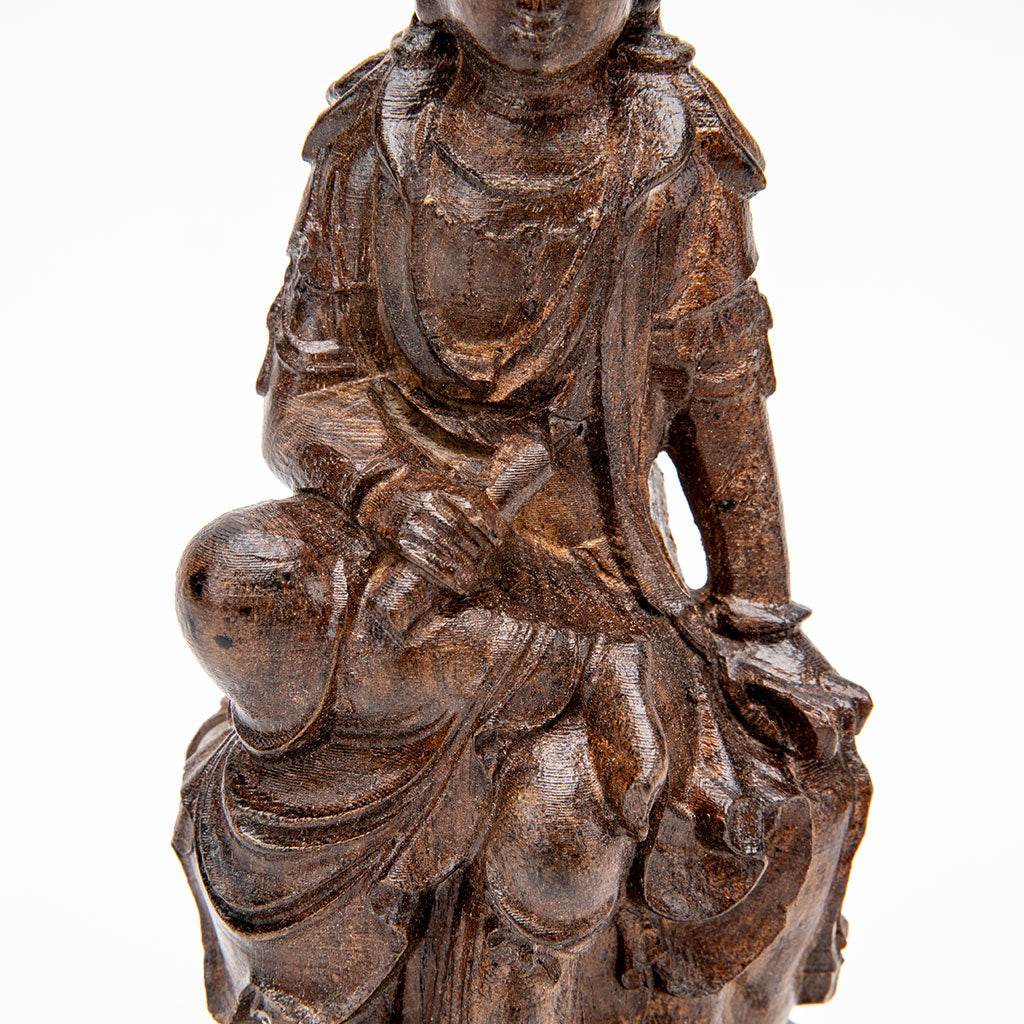 Wooden Seated Kuan Yin Statue - 9"