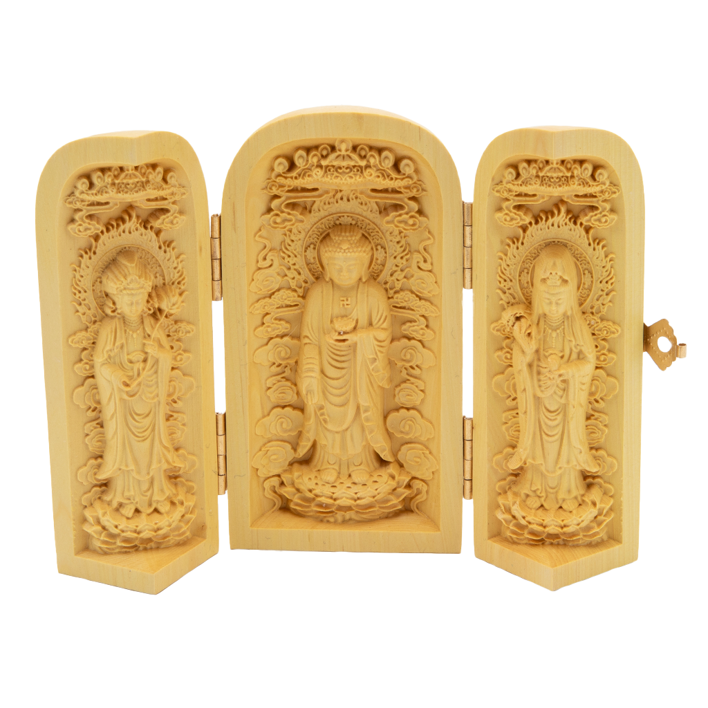 Trifold Portable Buddhist Shrine - Buddha, Quan Yin, & Tara