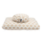Beige and white patterned zabuton and zafu on a white background