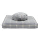 Gray striped pet bed with a round cushion on a white background