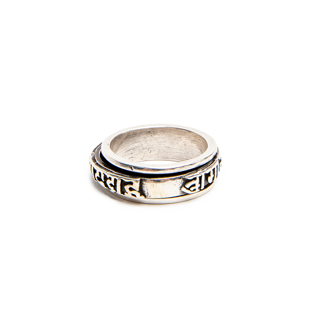 Manthar Rind Silver Buddhist Mantra Spinner Ring | DharmaCrafts
