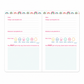 A double-page gratitude journaling template with pastel rainbow borders, pink handwritten text fields, and emoji face circles for emotions, shown on a white background.