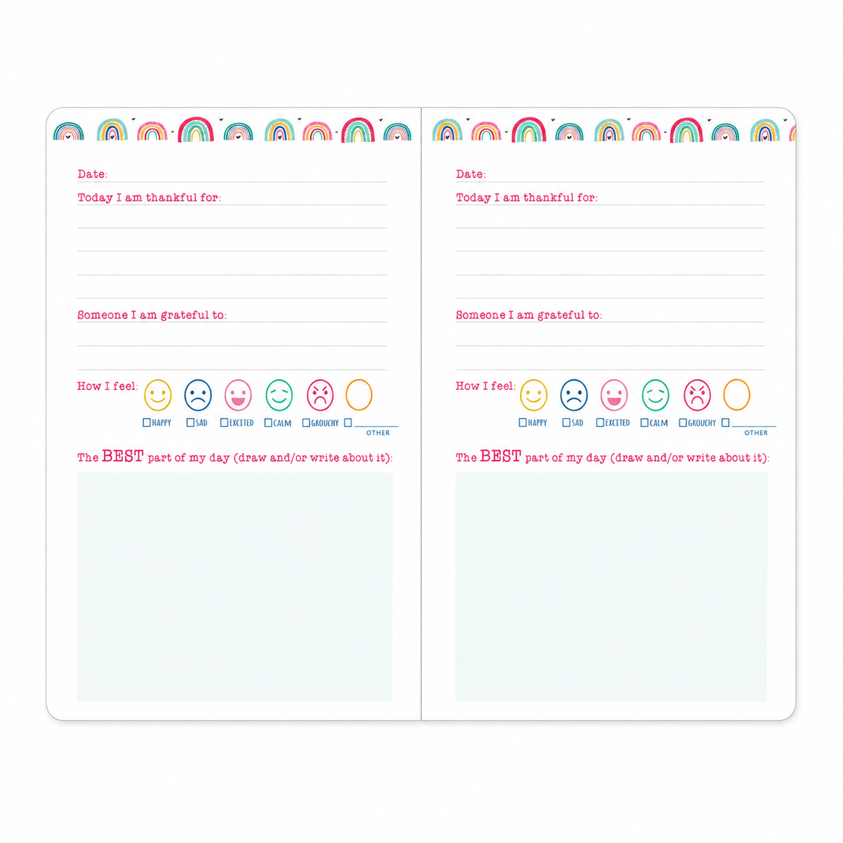 A double-page gratitude journaling template with pastel rainbow borders, pink handwritten text fields, and emoji face circles for emotions, shown on a white background.