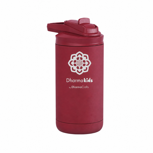 Red water bottle with DharmaKids logo on a white background.