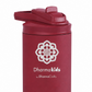 Close up image of a red insulated water bottle with DharmaKids log.