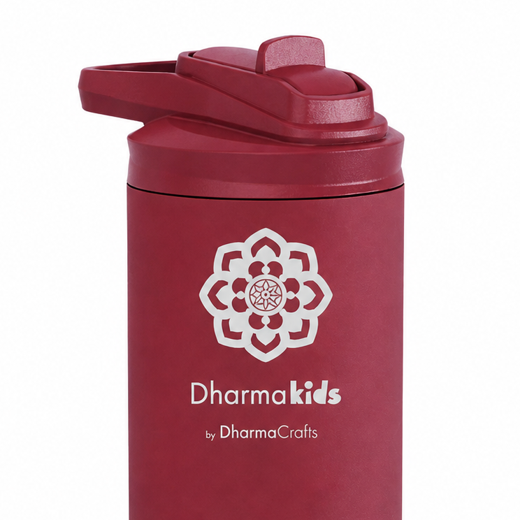 Close up image of a red insulated water bottle with DharmaKids log.