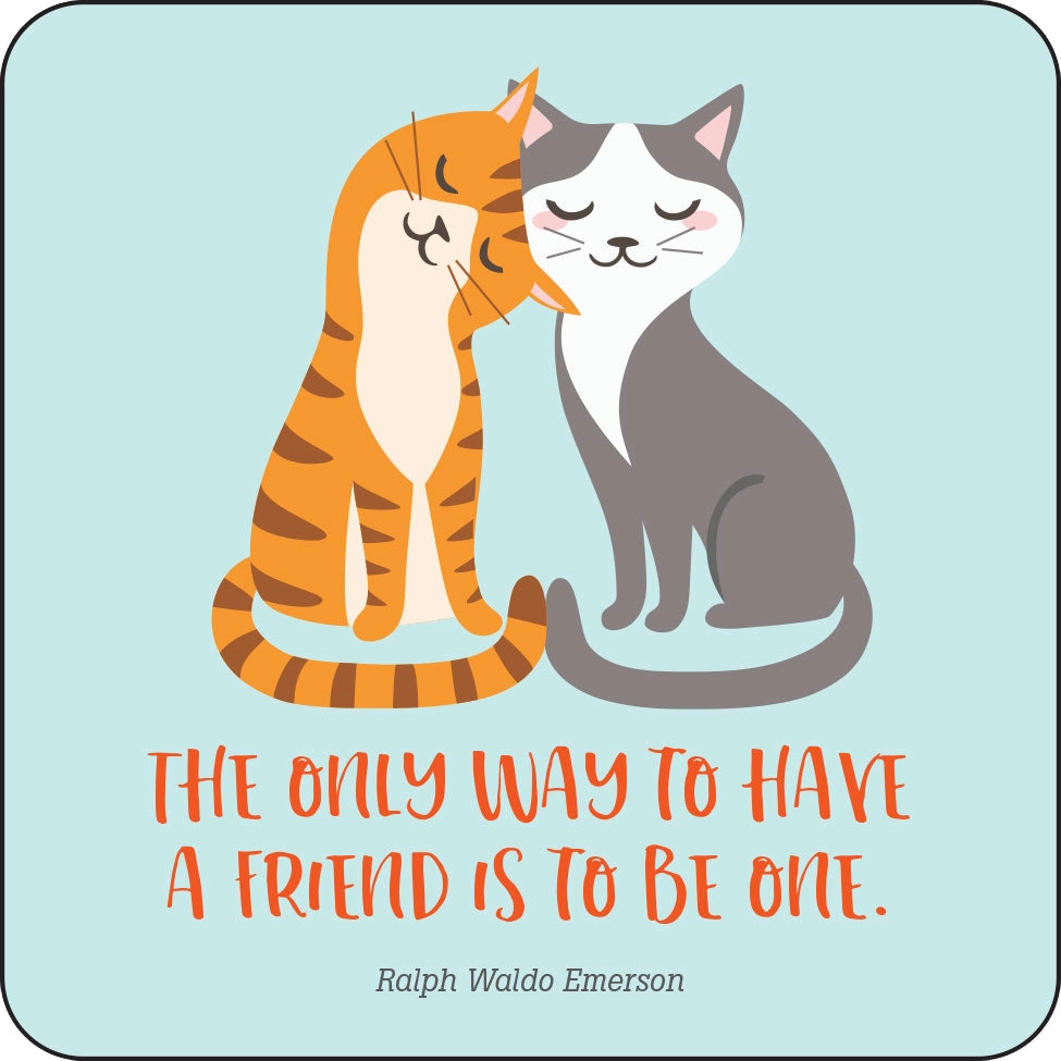 A square graphic with rounded corners featuring two illustrated cats: an orange tabby on the left and a gray-and-white cat on the right, both with closed eyes. Below them is the quote, 'THE ONLY WAY TO HAVE A FRIEND IS TO BE ONE.