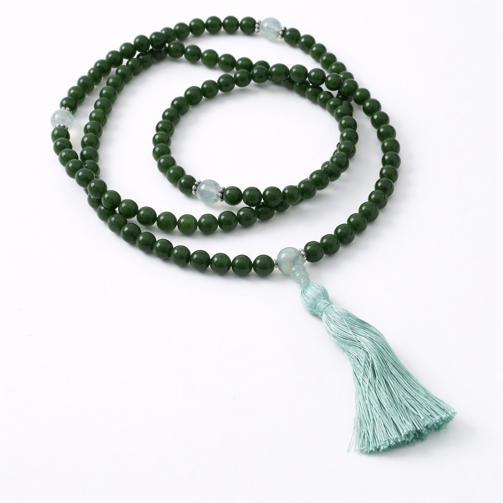 Dark green jade mala on a white background.