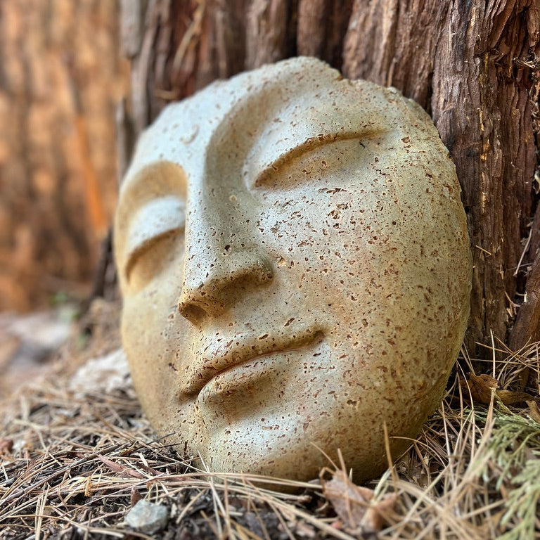 Stone face sculpture against a tree trunk in a natural setting
