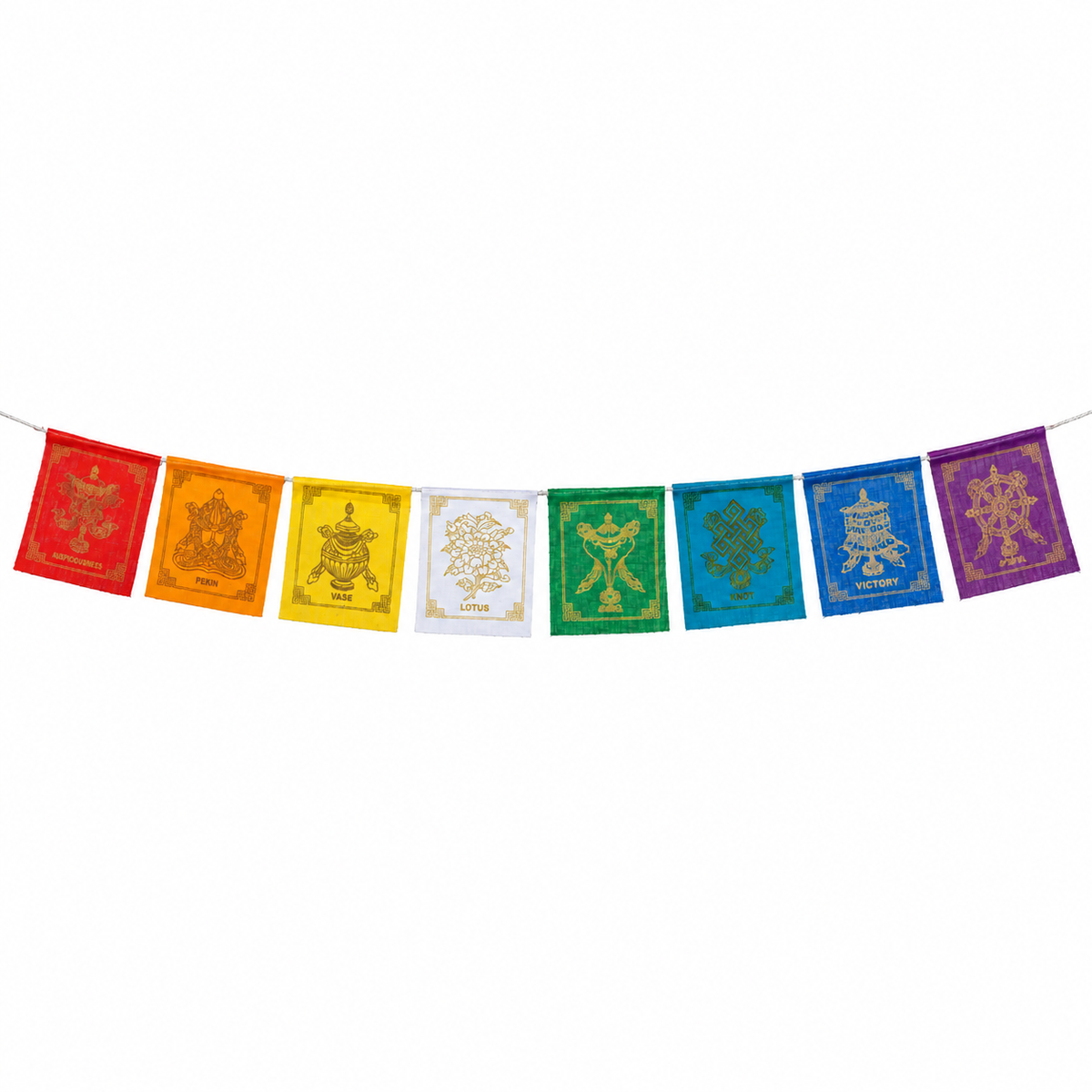 A string of seven colorful rectangular flags hanging in a row on a white background. The flags are red, orange, yellow, white, green, blue, and purple, each with a gold traditional symbol printed on it.