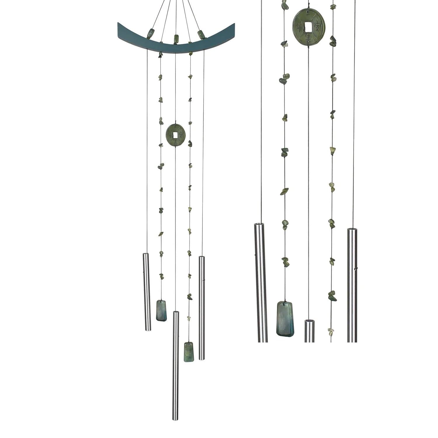 Decorative wind chime with green and silver stones on a white background