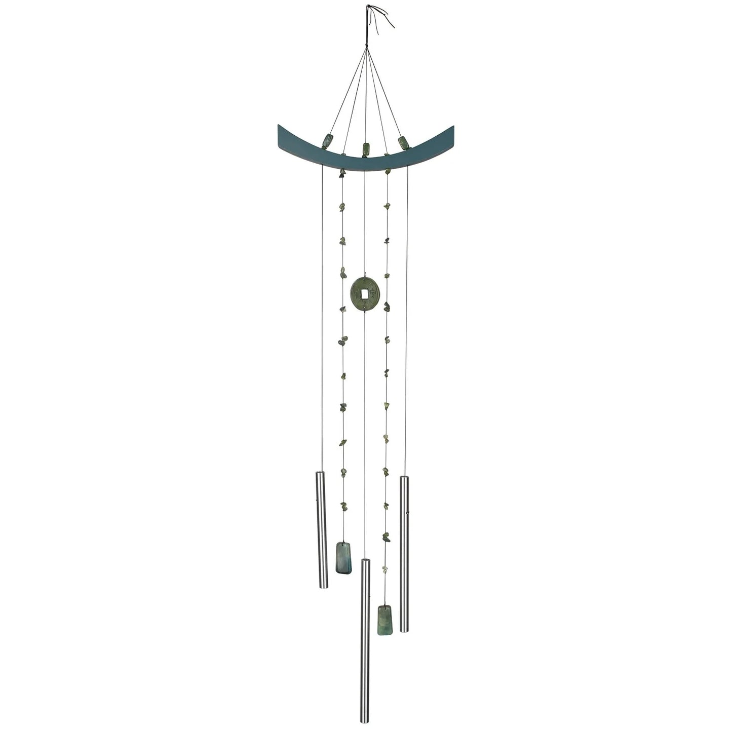Decorative wind chime with curved top and cylindrical beads on a white background