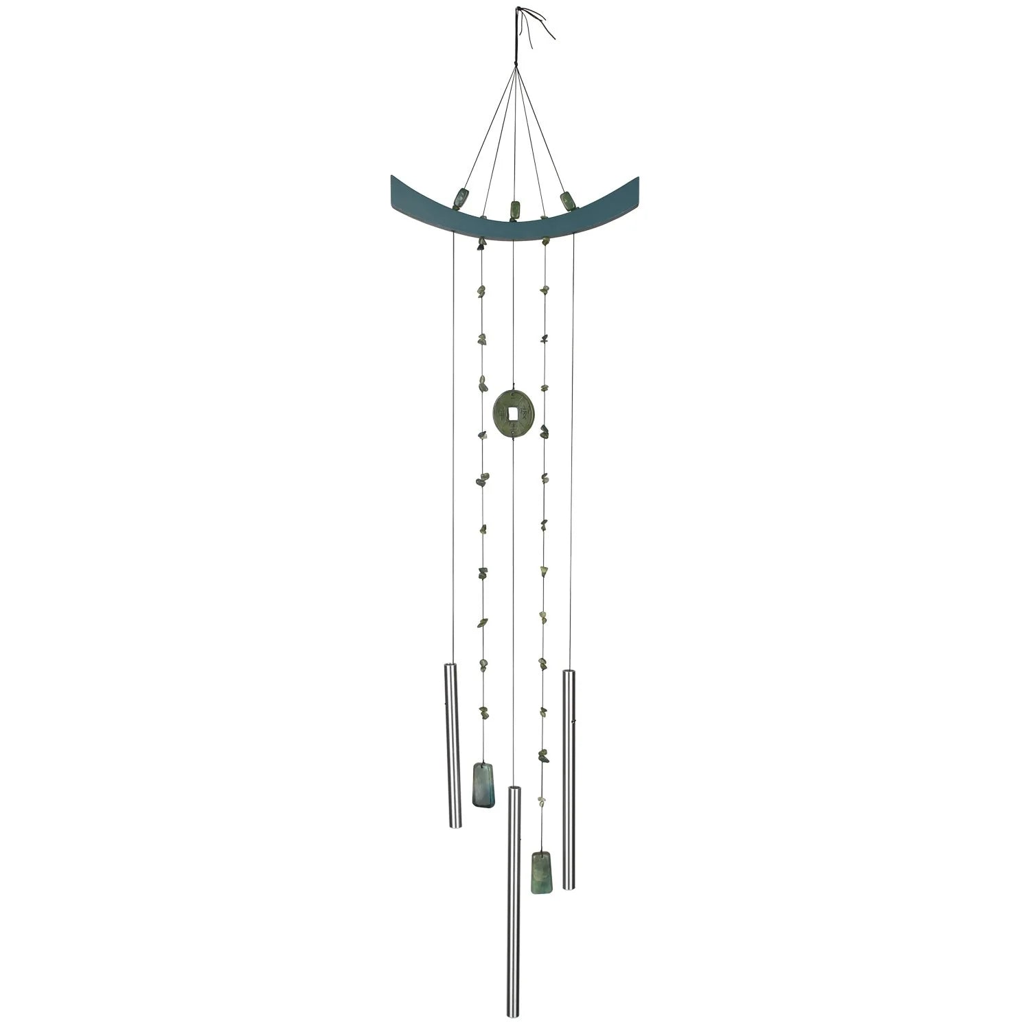Decorative wind chime with curved top and cylindrical beads on a white background