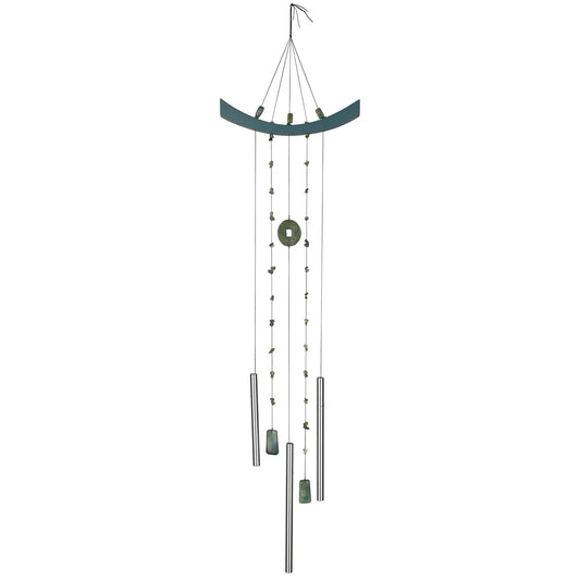 Decorative wind chime with curved top and cylindrical beads on a white background