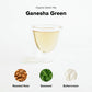 Ganesha Green organic green tea with ingredients displayed below on a white background