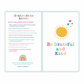 An open booklet or card set with pastel borders, featuring the title 'Gratitude in Action' on the left panel with text examples and a small rainbow, and the phrase 'Be Grateful and Kind' on the right panel with a sun and hearts.