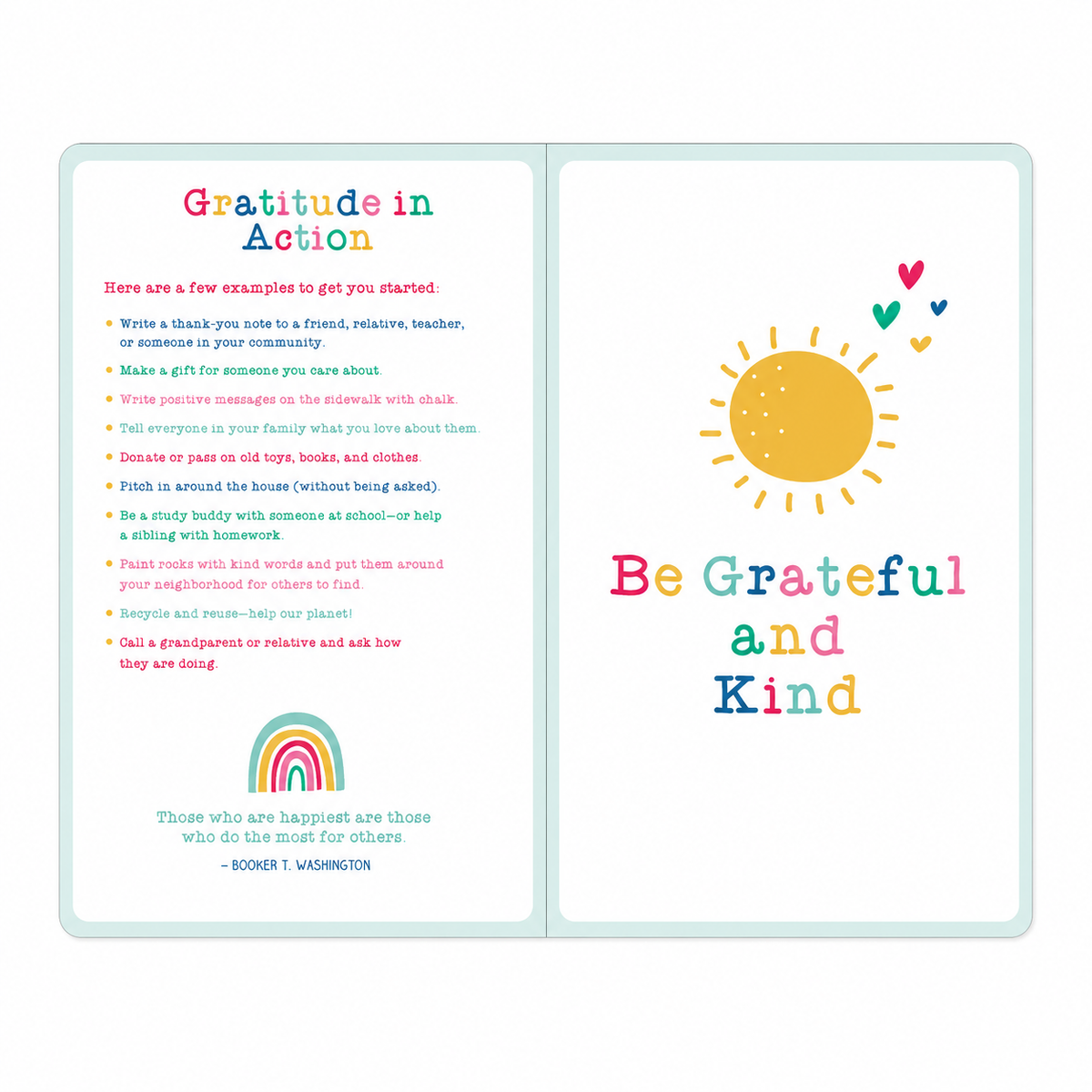 An open booklet or card set with pastel borders, featuring the title 'Gratitude in Action' on the left panel with text examples and a small rainbow, and the phrase 'Be Grateful and Kind' on the right panel with a sun and hearts.