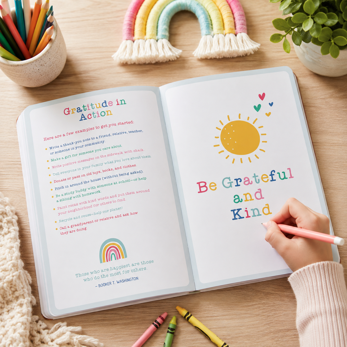 An open gratitude journal on a wooden desk, with a hand holding a pink pencil writing on the right page. The left page has colorful text and a small rainbow illustration.