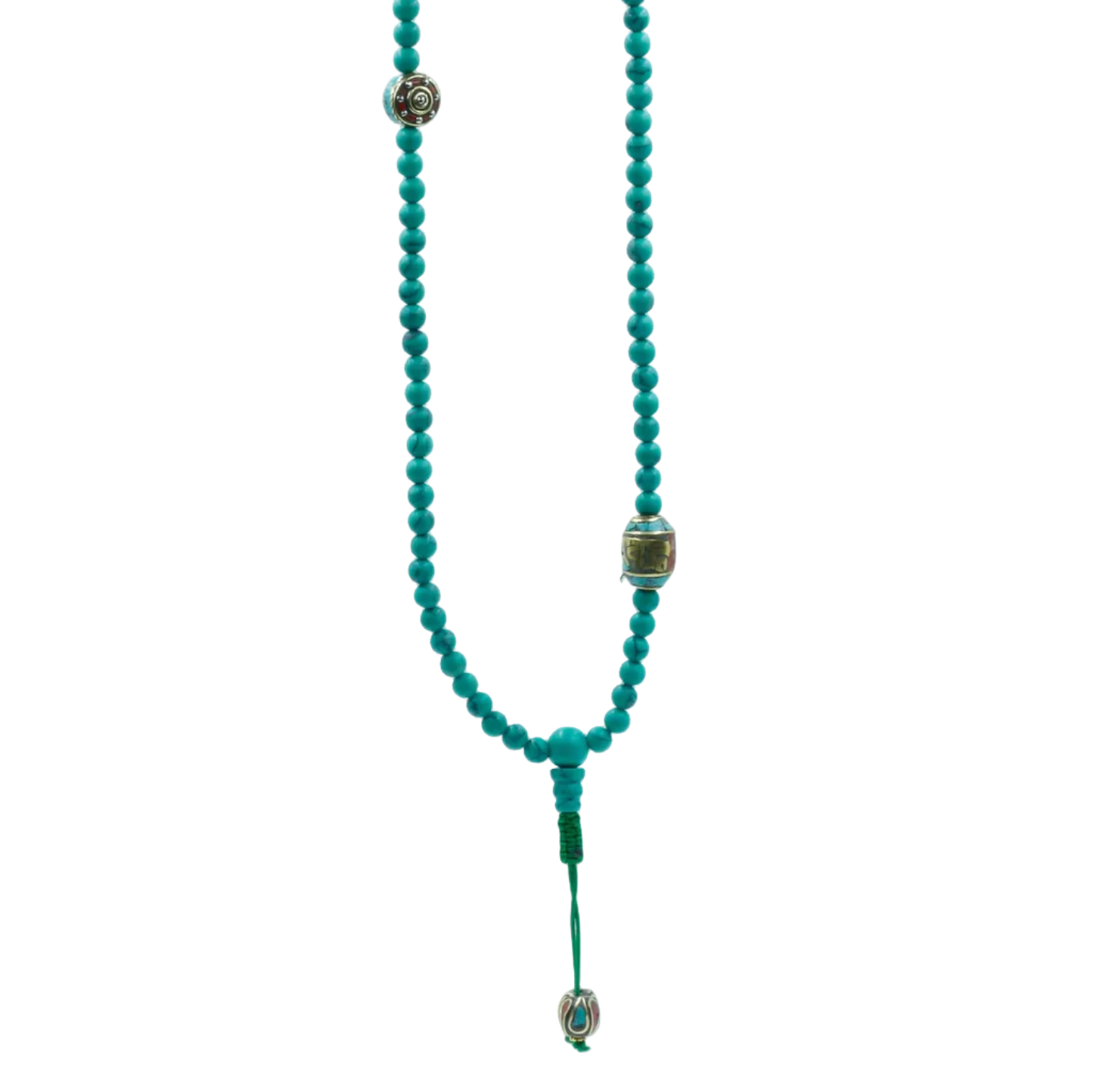 Turquoise beaded necklace with gold accents on a white background