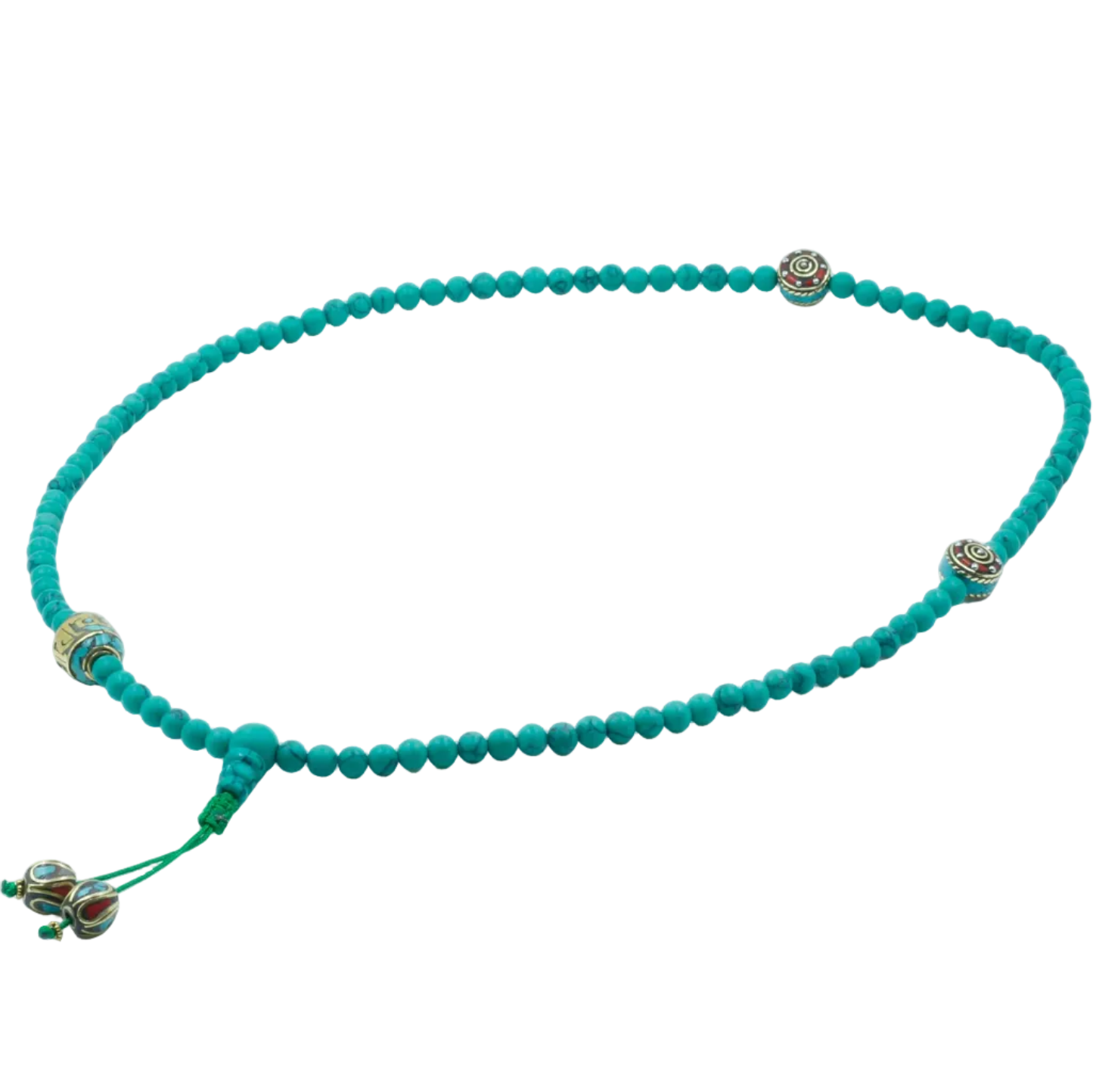 Turquoise beaded mala with decorative elements on a white background