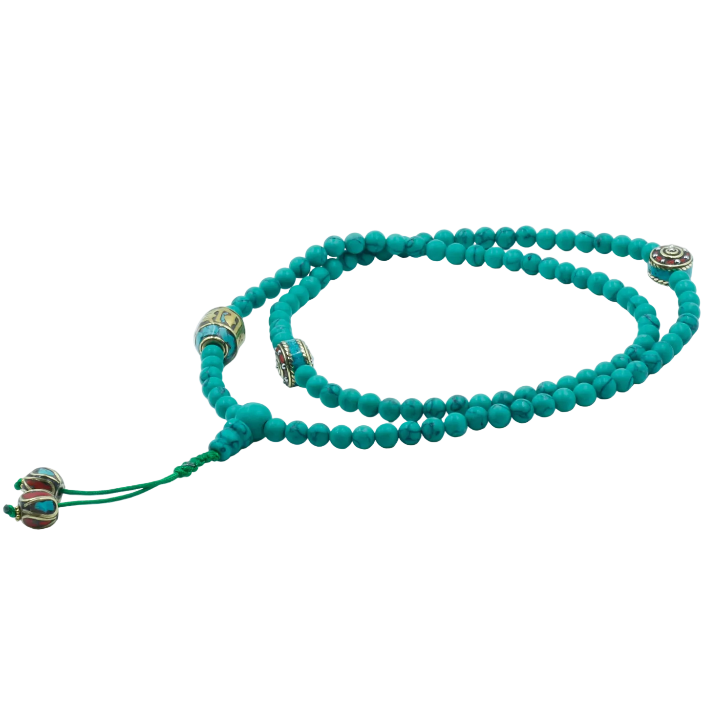 Turquoise beaded mala necklace with gold and silver accents on a white background