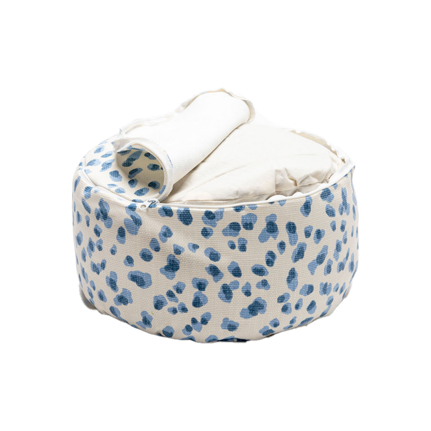 Polka Dot Hi-Zafu on white backdrop. The cover is unzipped and folded back partially to show the cushion inside.