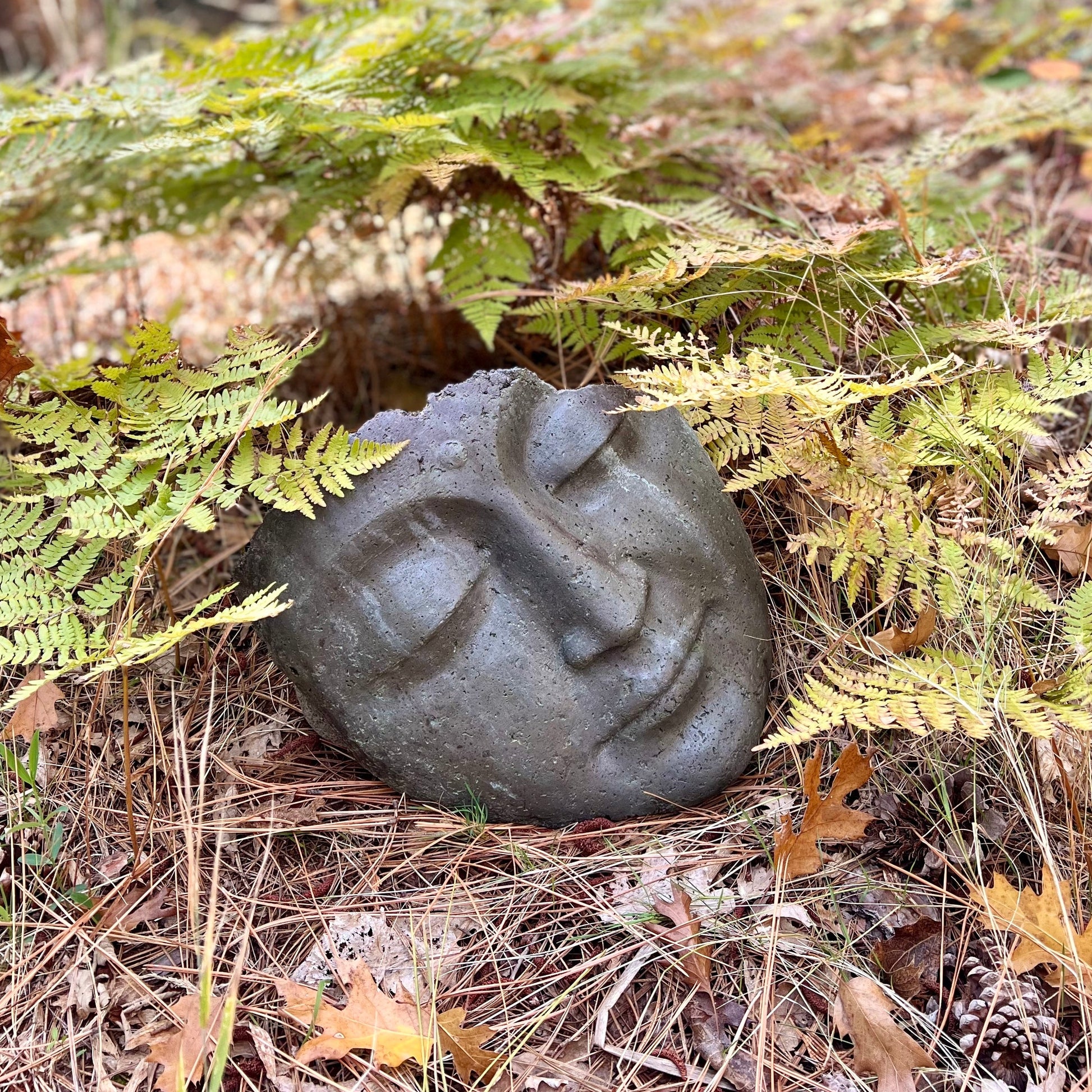 Stone sculpture of a face on a forest floor with ferns and leaves