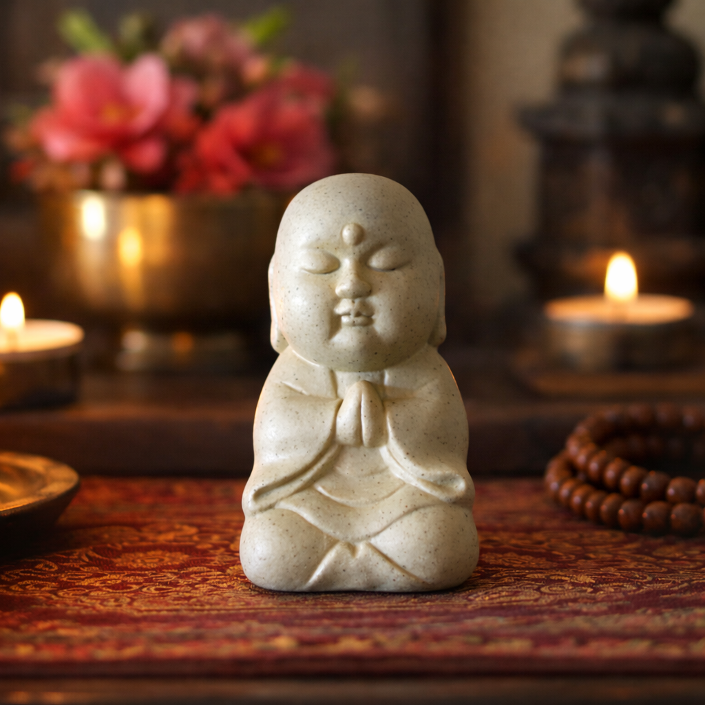 Small stone statue of a meditating figure on a textured surface with candles and flowers in the background.