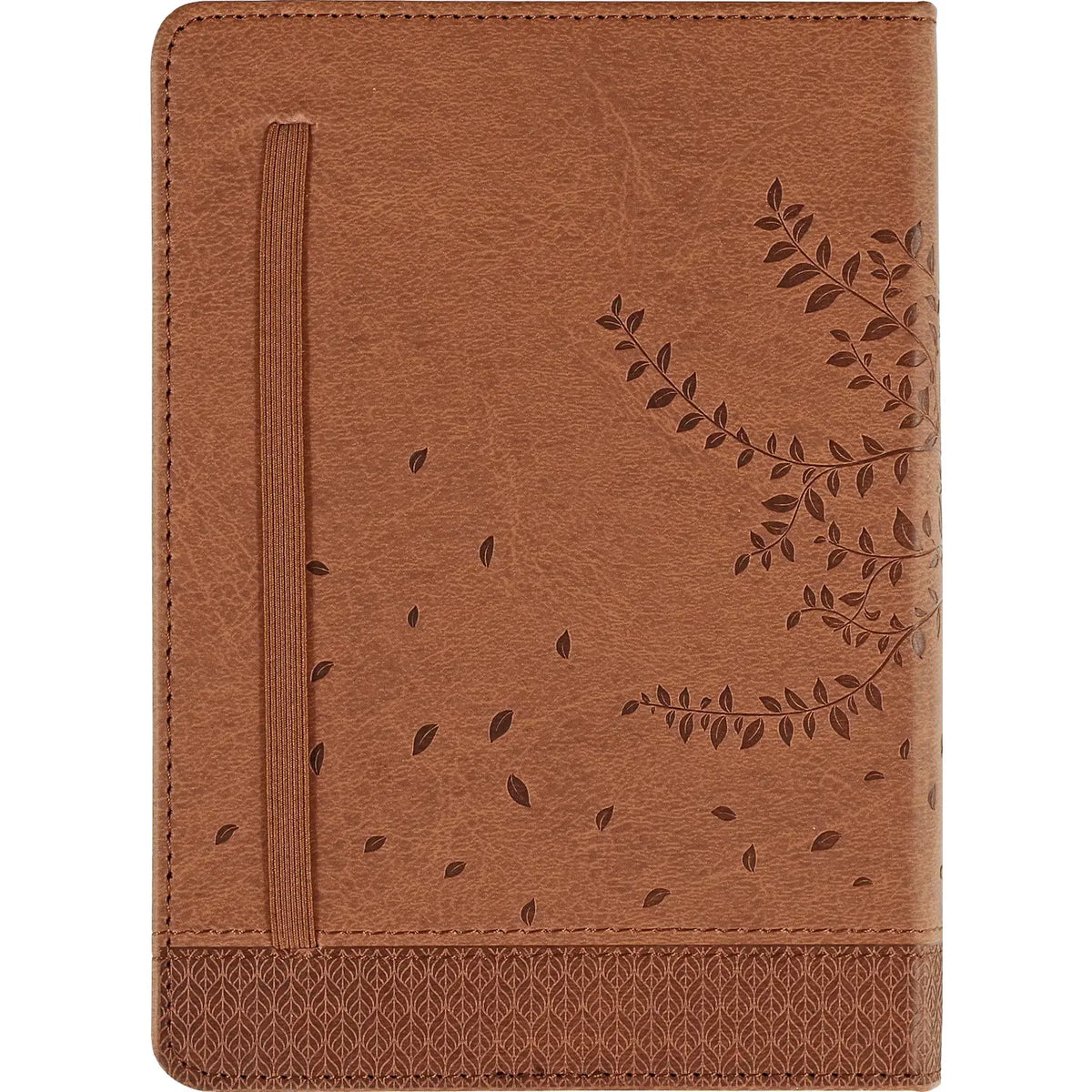 Brown leather notebook with embossed leaves on a white background