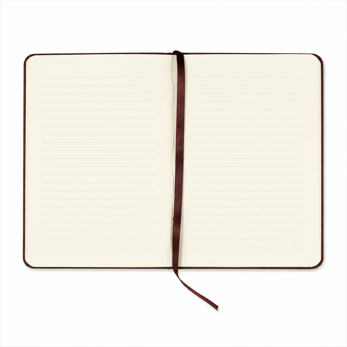 An open lined notebook with cream-colored pages, a dark brown cover edge, and a matching dark brown ribbon bookmark, shown on a plain white background.