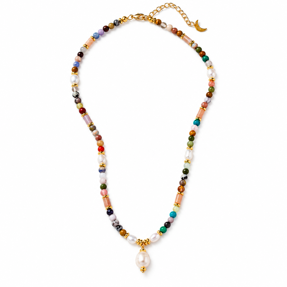 A beaded necklace featuring a mix of colorful round and cylindrical beads, white baroque pearls, and a dangling white pearl pendant, finished with a gold-tone chain and clasp.