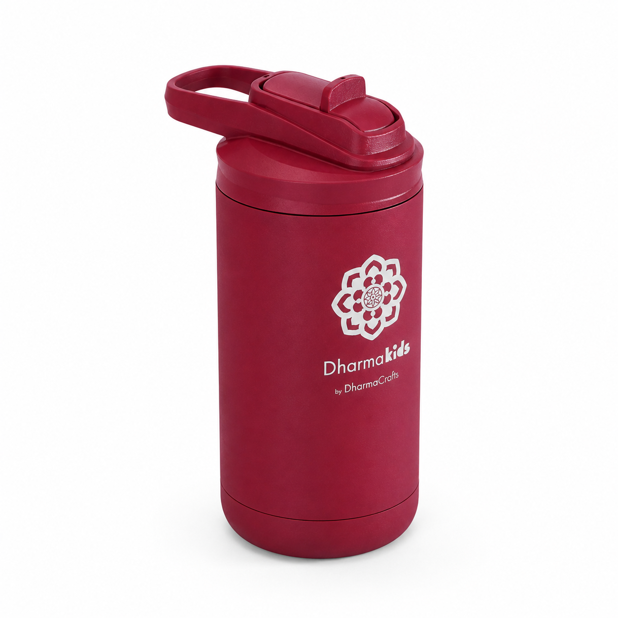 Red water bottle with DharmaKids logo on a white background.