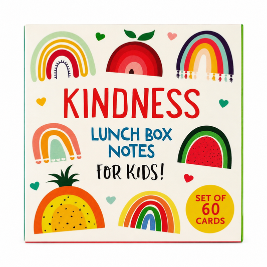 Kindness Lunch Box Notes for Kids set of 60 cards, featuring a colorful cover illustration with rainbows, fruits, and hearts on a cream background.