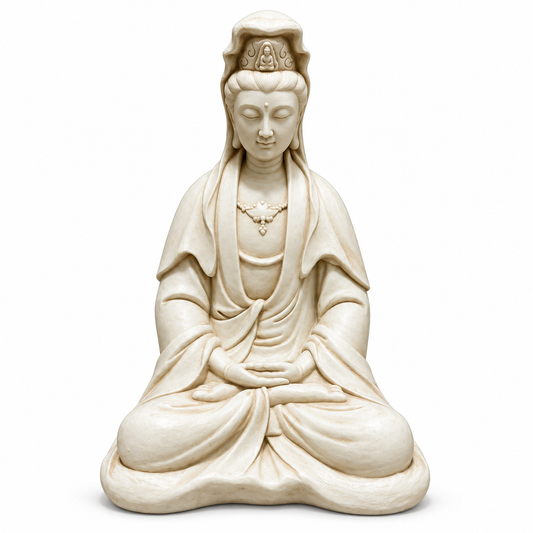 An ivory-colored seated Buddha statue with a meditative expression, detailed headpiece, and draped robes, shown against a plain white background.