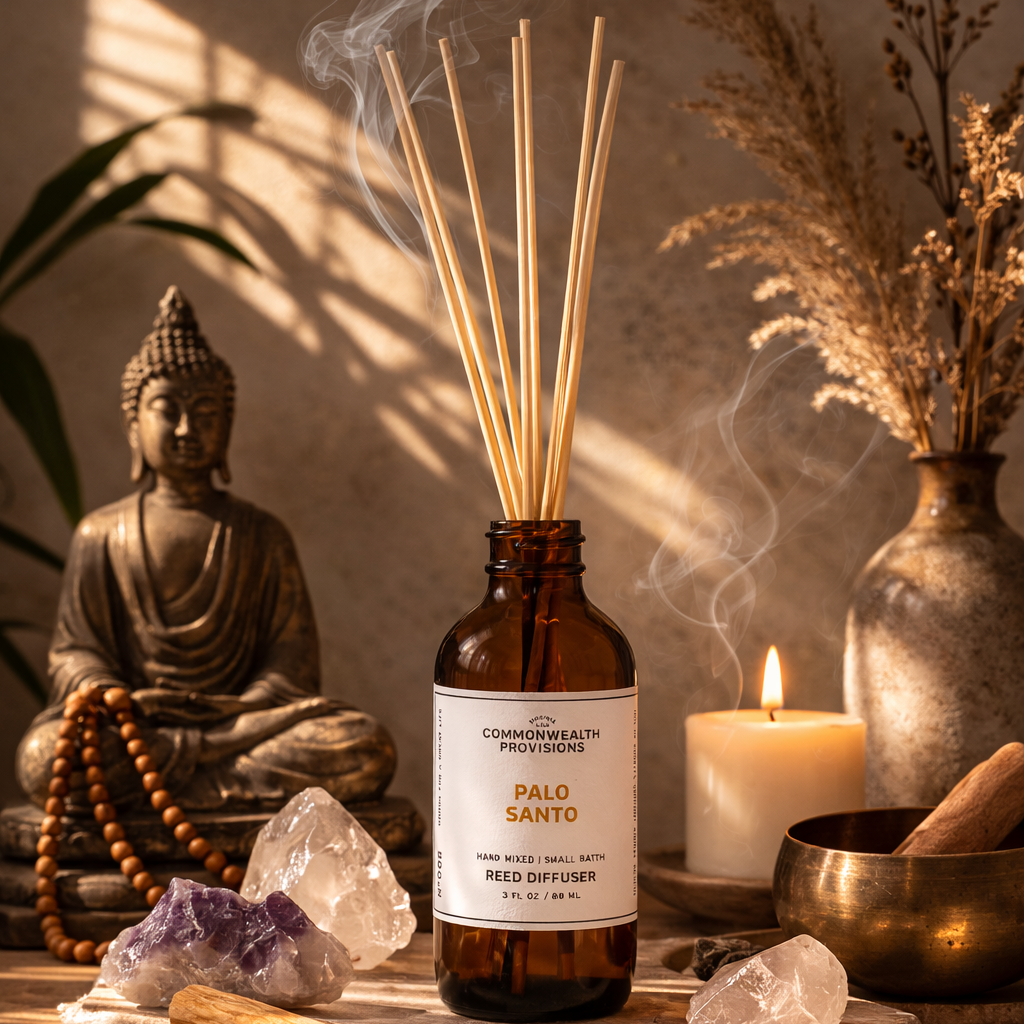 Palo Santo diffuser bottle on a table with candles, crystals, and a Buddha statue in a serene setting.
