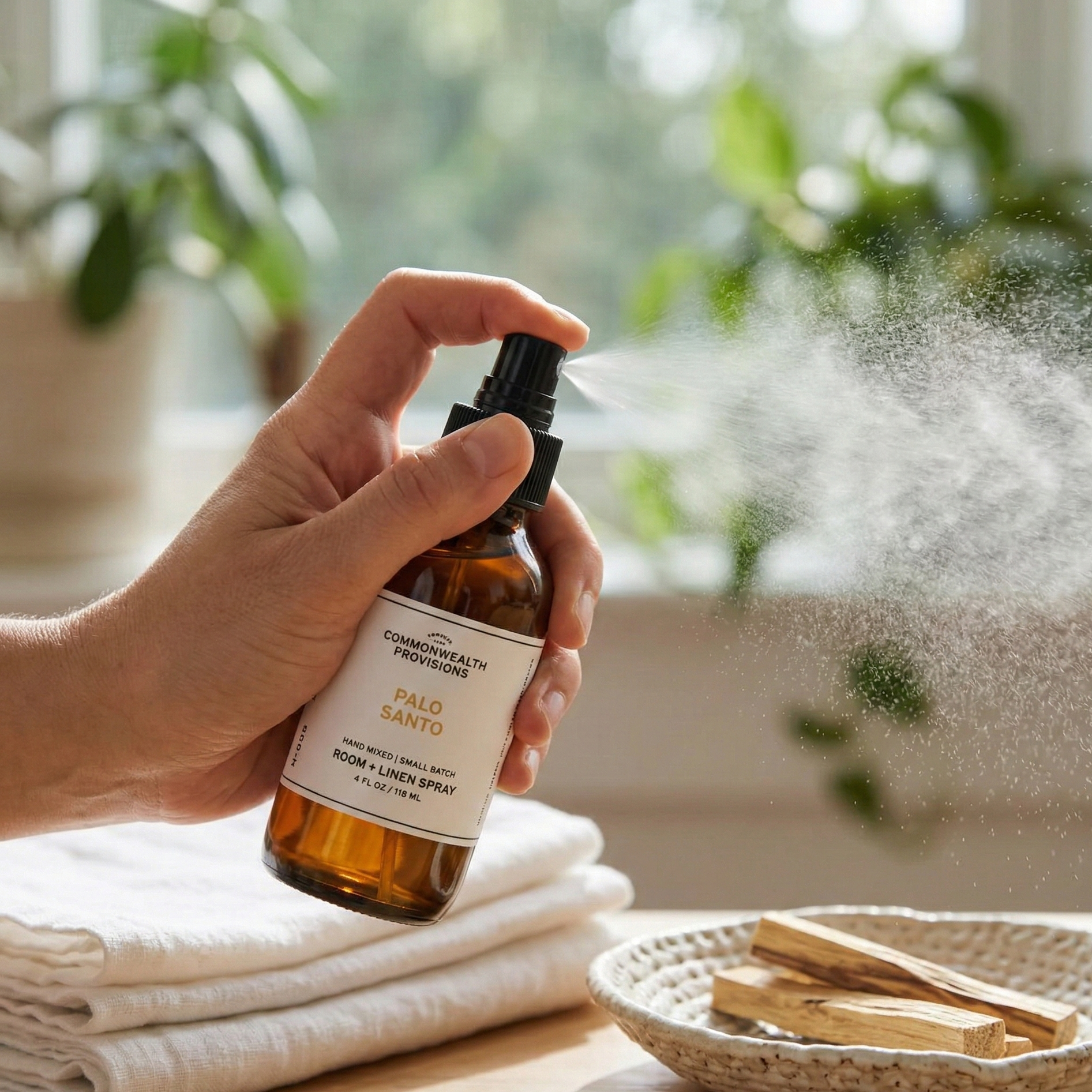 Palo santo spray being used in a room with a small basket of palo santo next to it and plants in the background.