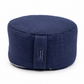 A navy blue fabric meditation cushion with a subtle grid pattern and a vertical fabric strap featuring a 'DreamCrafts' brand label, set against a plain white background.