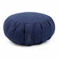A round navy blue fabric cushion with a subtle woven texture and a central strap featuring a vertical label that reads 'DharmaCraft'. The cushion is photographed on a clean white background with a soft shadow underneath.