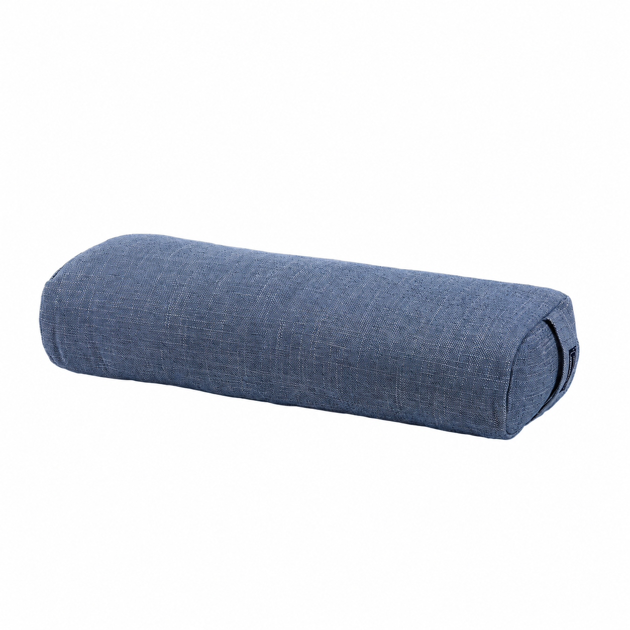 A cylindrical blue fabric cushion with a textured woven surface, shown on a plain white background.
